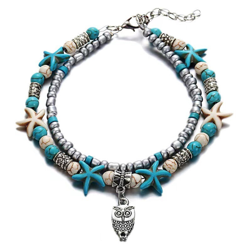 Retro Rice Grain Pearl Turtle Scallop Alloy Pendant Anklet