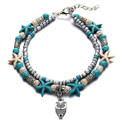Retro Rice Grain Pearl Turtle Scallop Alloy Pendant Anklet