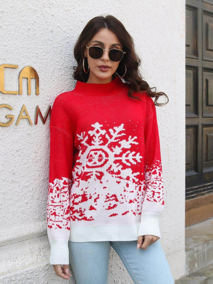 Snowflake Pattern Mock Neck Sweater for Cozy Winter Style
