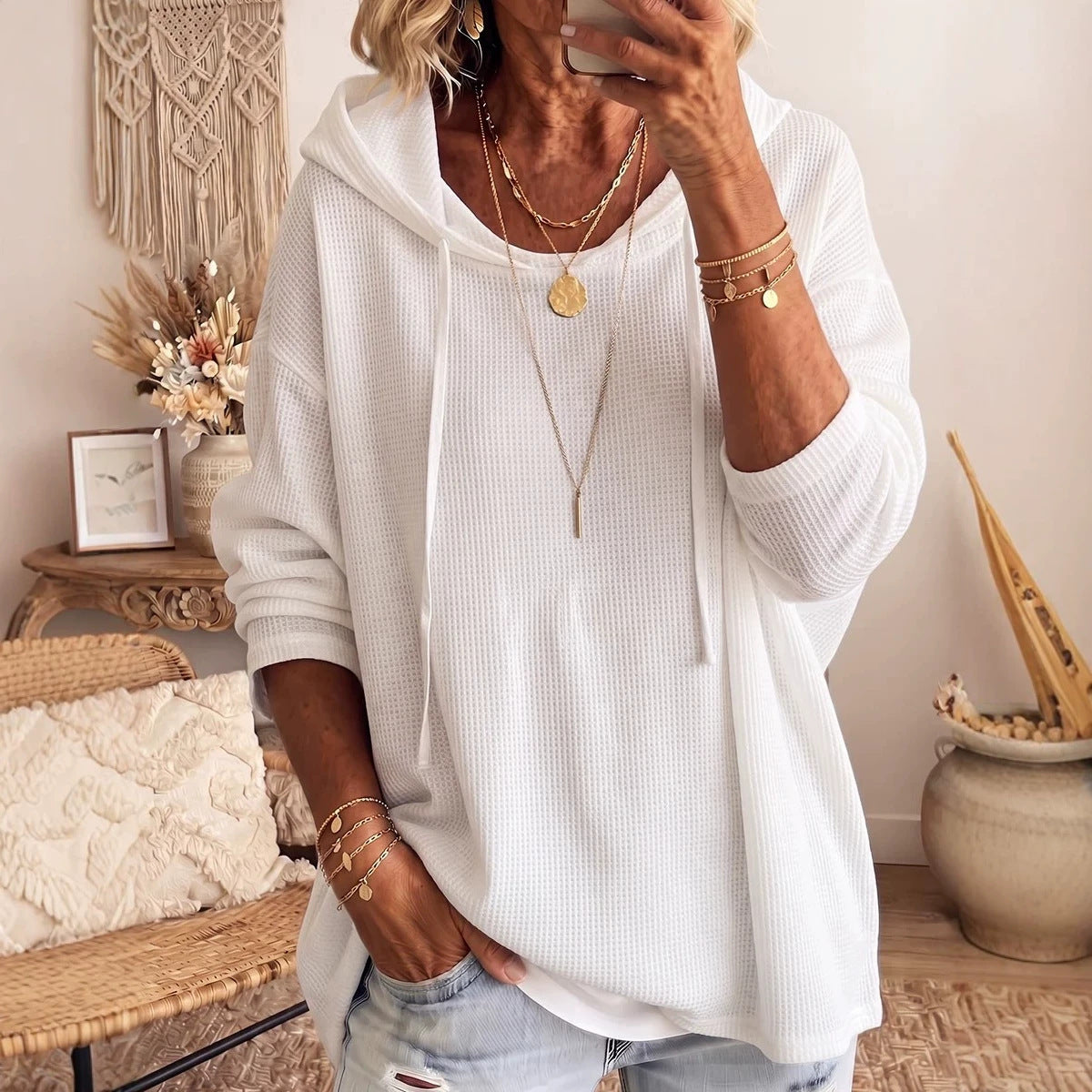 Casual Solid-color Loose-fitting Sweatshirt With A Hood