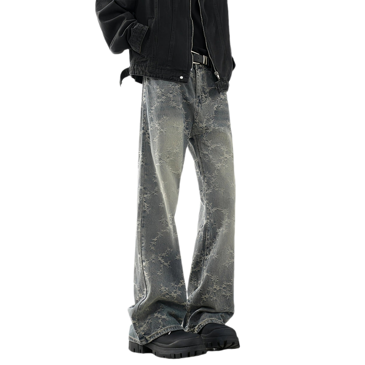 Men's Jacquard Denim Washed Straight-leg Cropped Flared Pants