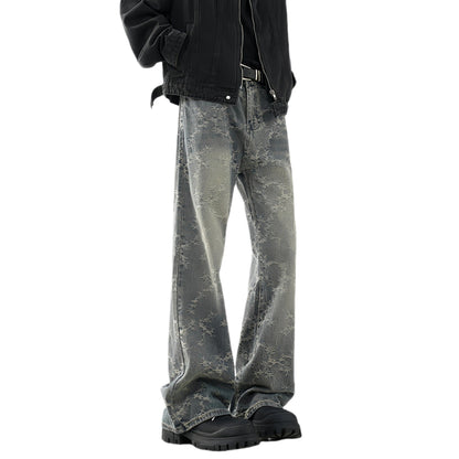Men's Jacquard Denim Washed Straight-leg Cropped Flared Pants