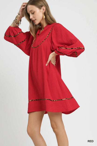 Umgee Textured Babydoll Dress with Leopard Trim