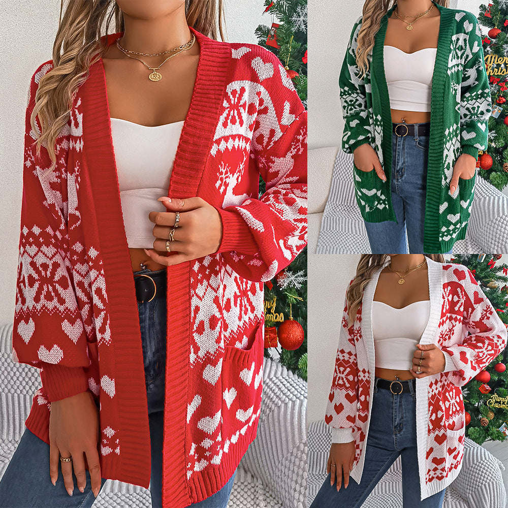 2024 Women's Christmas Deer Print Cardigan Sweater