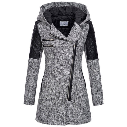 Women Warm Slim Full Zipper Coat Thick Woolen Coat Female Fall Winter Windbreaker Hooded Diagonal Zipper Women's Clothing