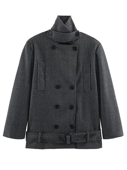Double-Breasted Wool-Blend Short Coat With Scarf Collar & Belt