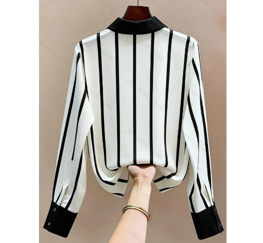 Womens Casual Loose-fit Long-sleeve Shirt With Vertical Striped Color-block Design