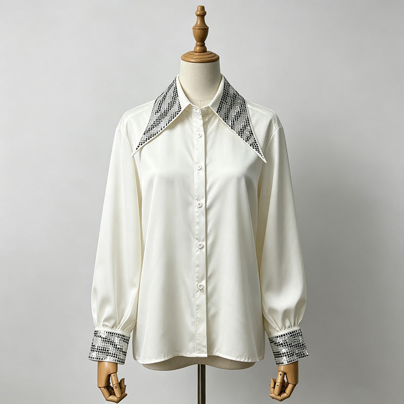 Rhinestone Collar & Cuff Button-Up Satin Shirt