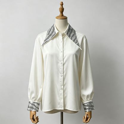 Rhinestone Collar & Cuff Button-Up Satin Shirt