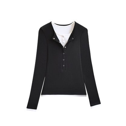 Color-block Faux Two-piece T-shirt Womens Long-sleeve Top