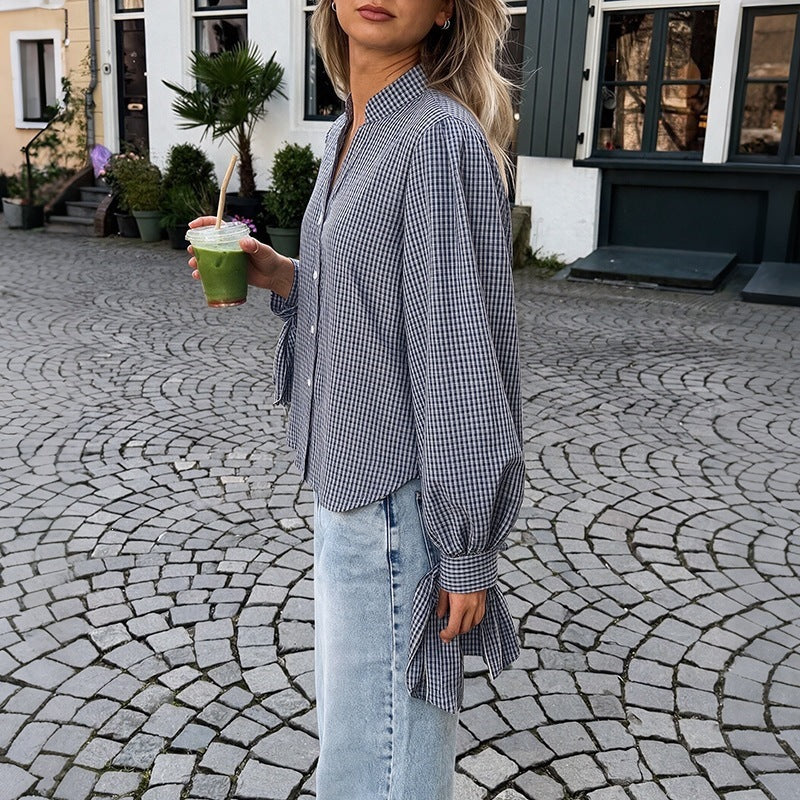 Gingham Plaid Tie-Cuff V-Neck Blouse