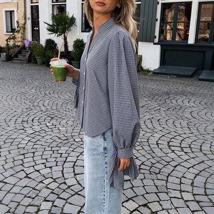 Gingham Plaid Tie-Cuff V-Neck Blouse