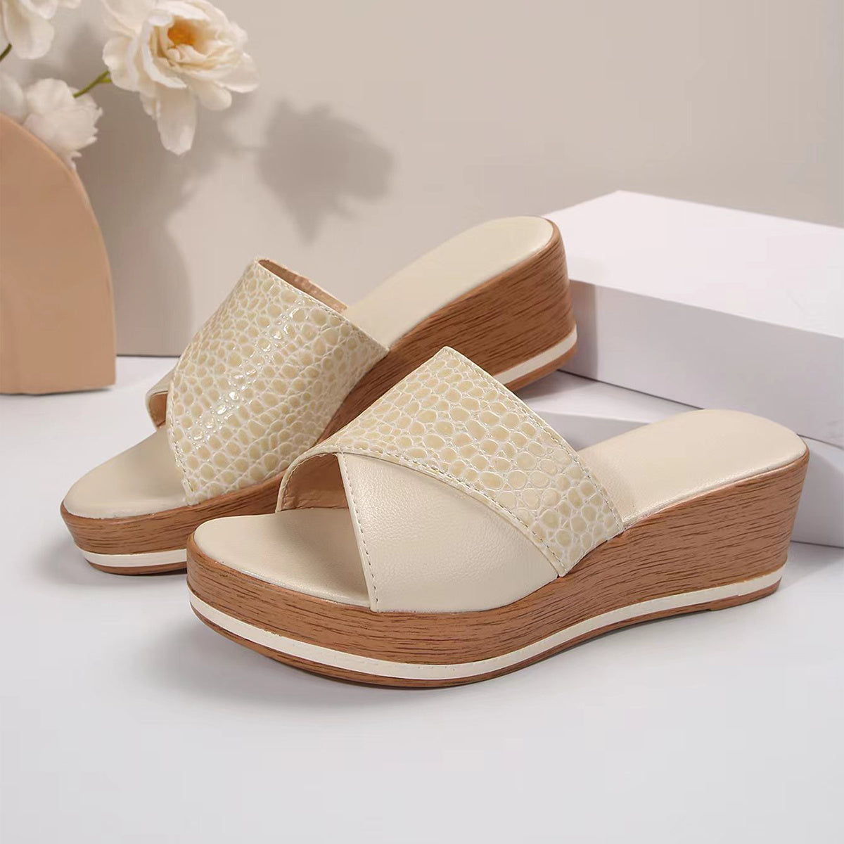 Women's Snake-Texture Peep-toe Wedge Sandals