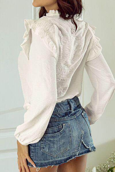 Frill Mock Neck Ruffled Balloon Sleeve Blouse for Women