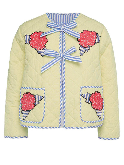 Embroidered Flower Tied Long Sleeve Winter Coat for Women