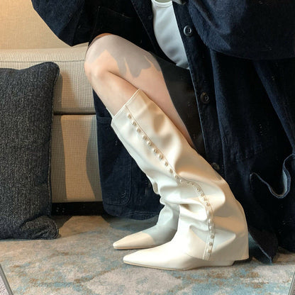Pointed-toe Wedge High-top Thigh-high Boots