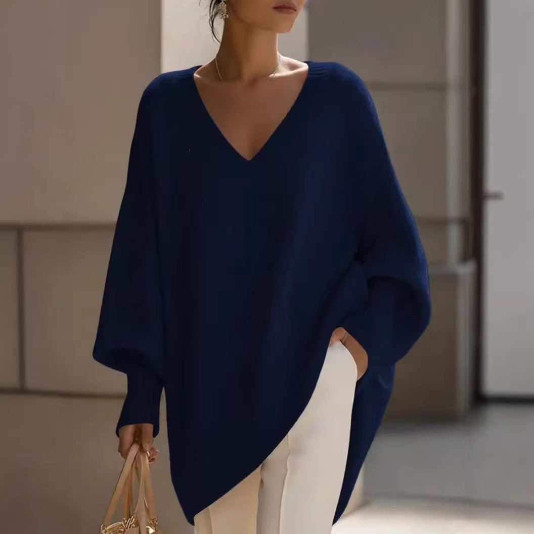 Women's V Neck Oversized Knit Sweater, Long Sleeve Solid Color Lazy Style Loose Asymmetric Hem Pullover Top For Spring Daily Wear