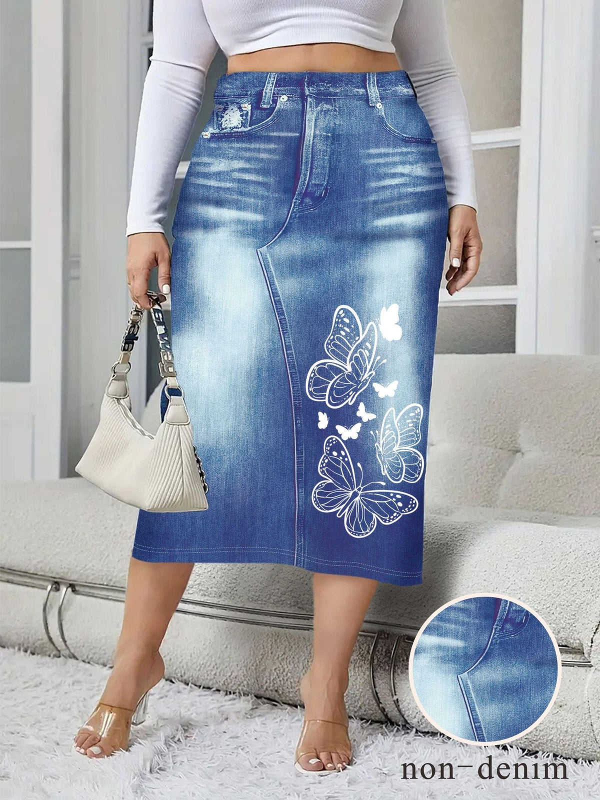 Denim-look Floral-print Bodycon Skirt
