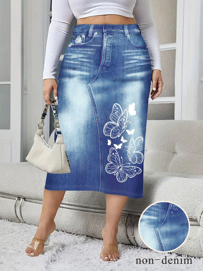 Denim-look Floral-print Bodycon Skirt