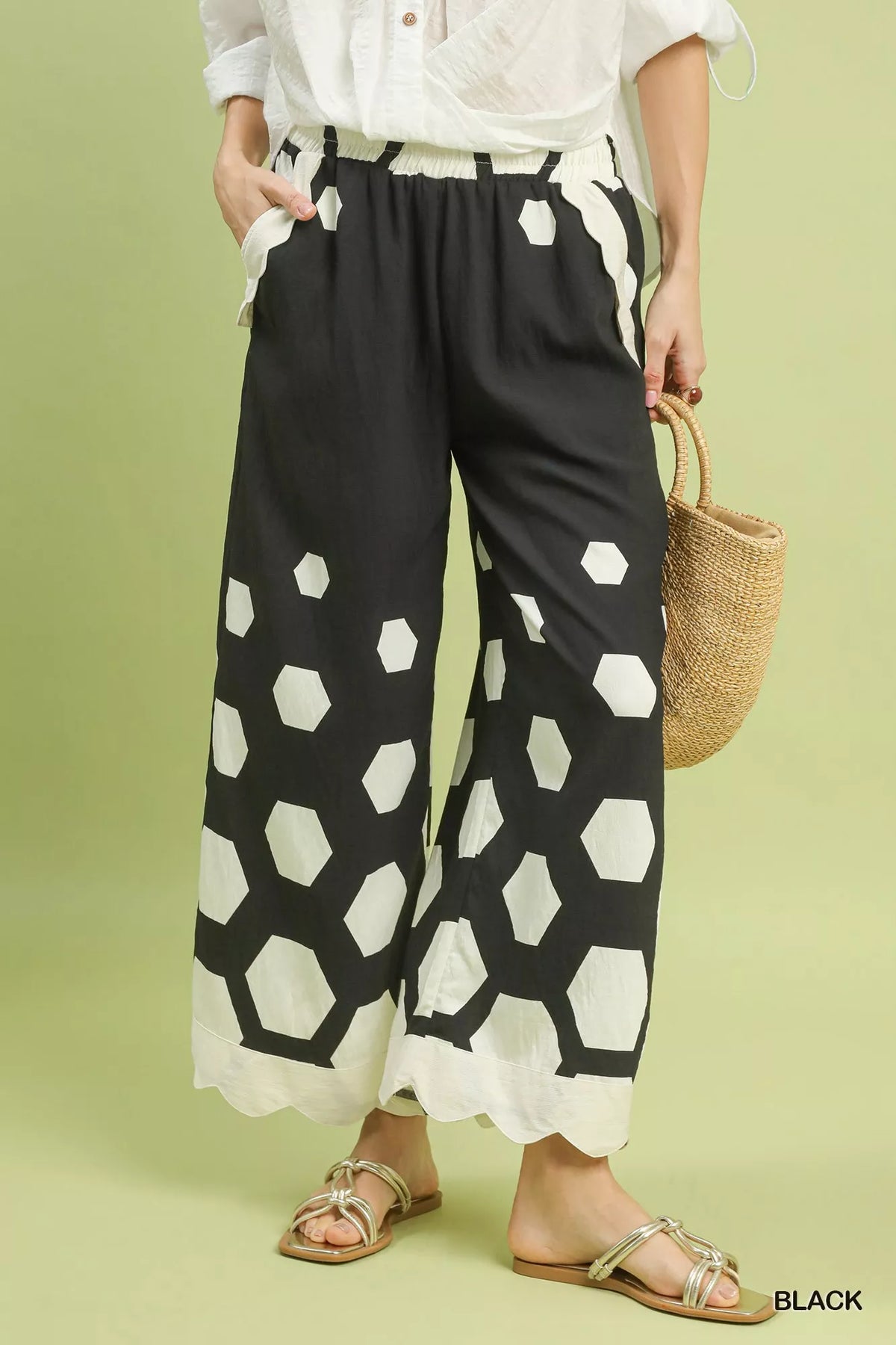 Umgee Hexagon Print Wide Leg Pants with Scalloped Hem