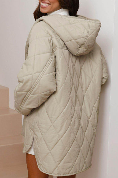 Snap Down Long Sleeve Quilted Winter Coat for Women