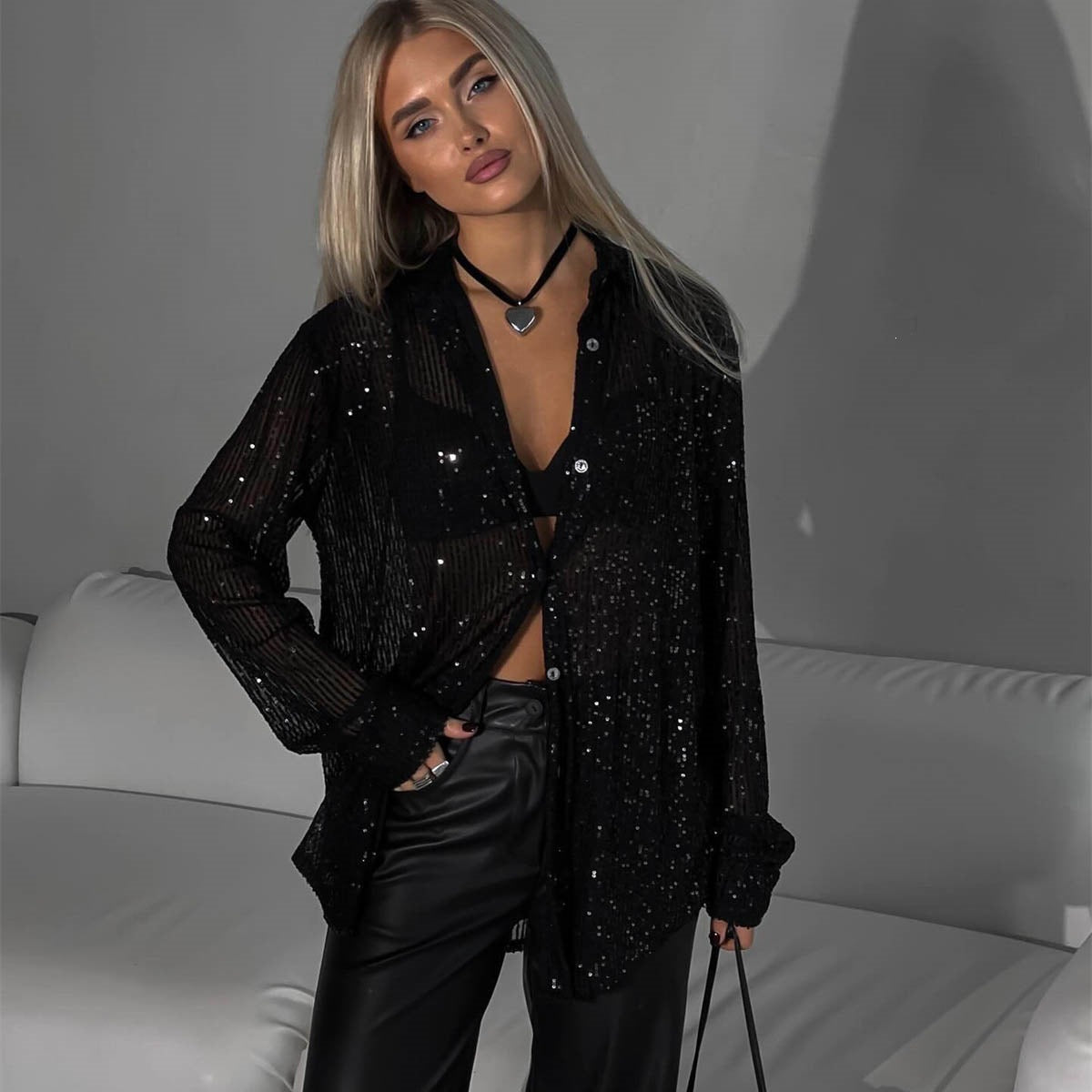 Spring Summer New European And American Sequin Top With Turn-down Collar, Long Sleeve Cardigan, Basic Cross-border Women's Shirt Jacket