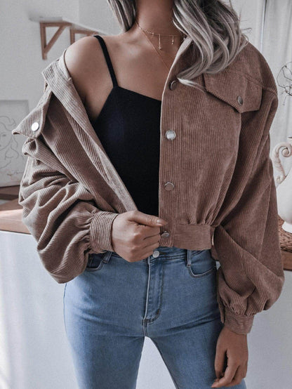 Lantern Sleeve Cropped Corduroy Jacket for Stylish Comfort