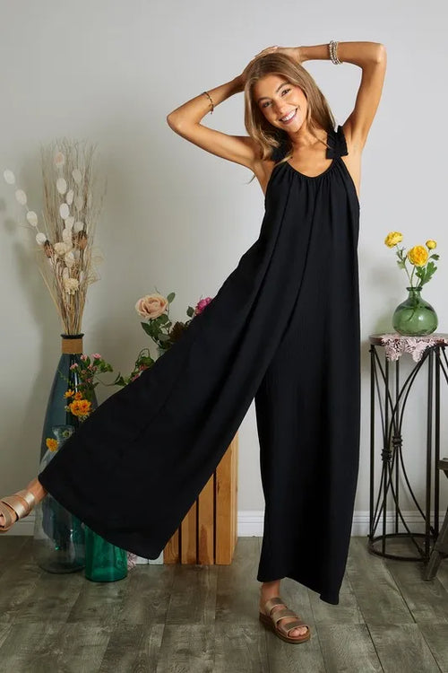 ADORA Full Size Elastic Ruffle Shoulder Jumpsuit Plus Size