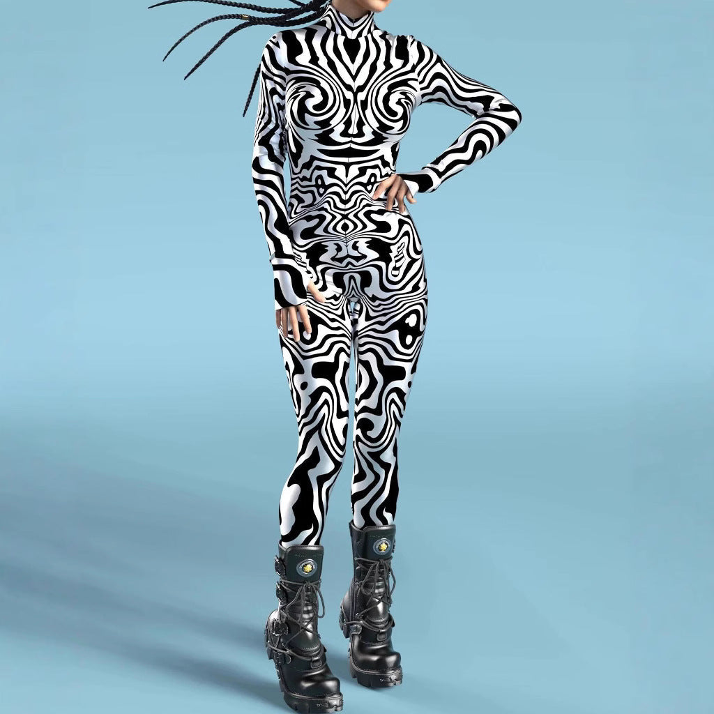 3D Digital-printed Snap-closure Form-fitting Womens Bodysuit