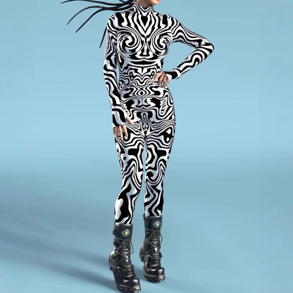 3D Digital-printed Snap-closure Form-fitting Womens Bodysuit