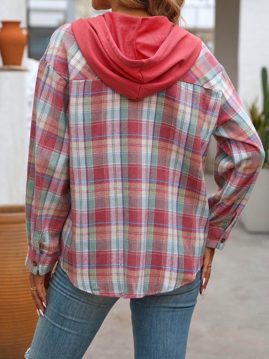 Plaid Long Sleeve Hooded Jacket for Women with Pockets