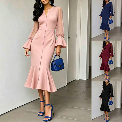 V-neck Chiffon Patchwork Puffed Long-sleeve Dress