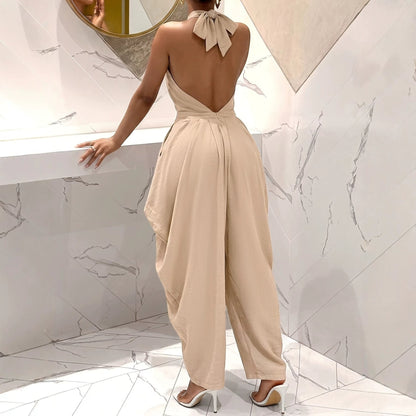 Halter-neck Crossover Backless Jumpsuit With Pleated Wide-leg Harem Pants