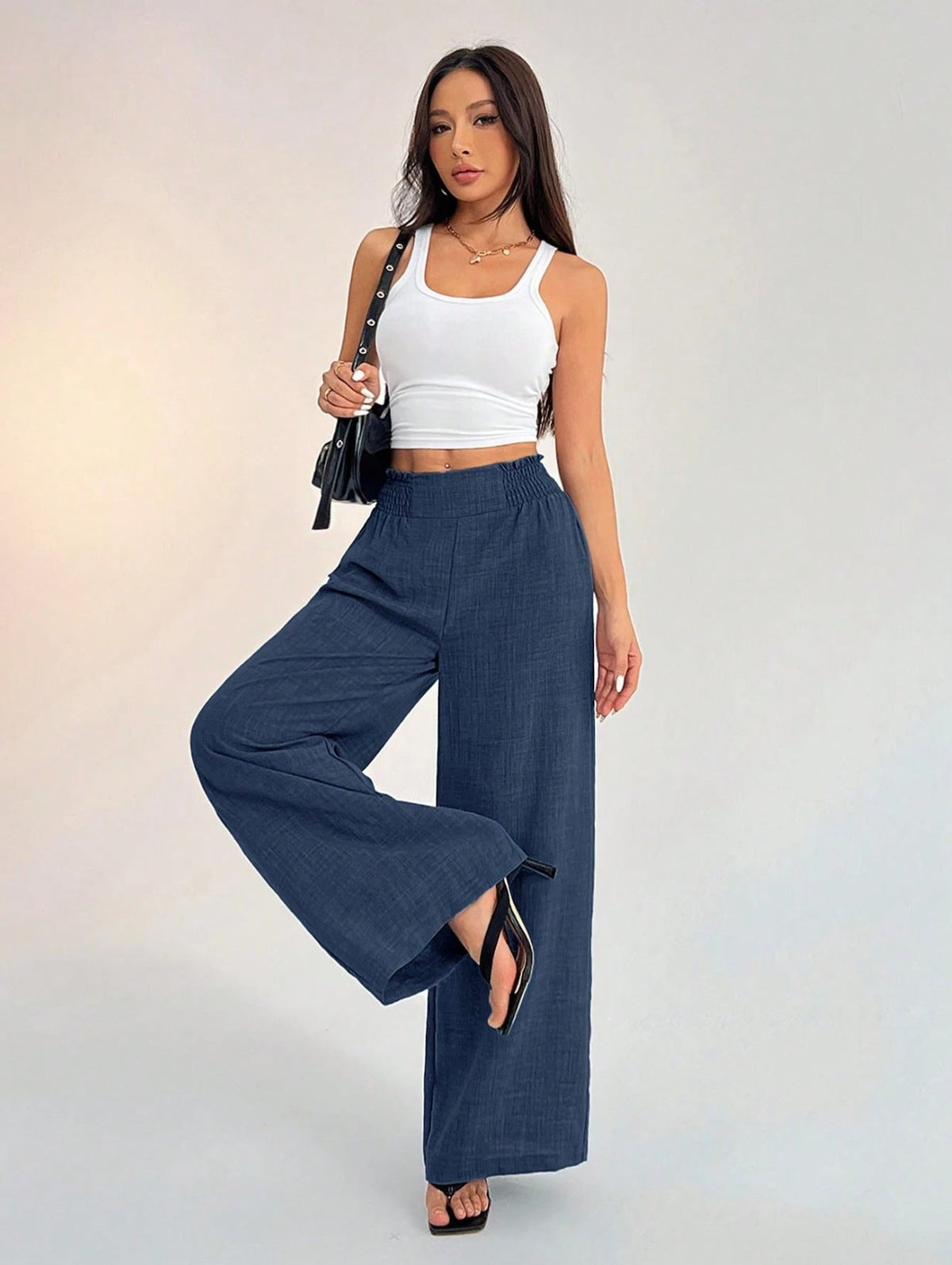 Women's Solid Color Smocked Elastic Wide Leg Pants, Casual Fashion Loose Long Trousers