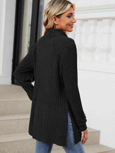 Slit Mock Neck Long Sleeve T-Shirt for Women with Pocket