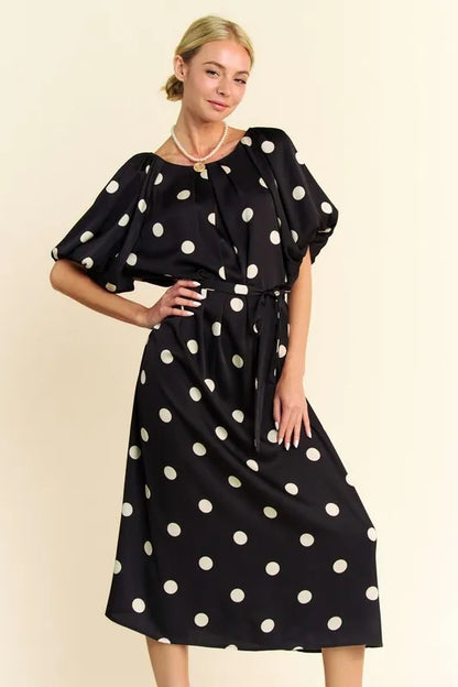 Davi & Dani Polka Dot Puff Sleeves Waist Tie Midi Dress
