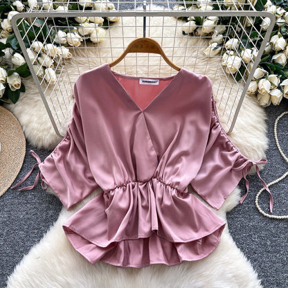 Women's Versatile Drawstring Short-sleeve Waist-cinching Satin Blouse