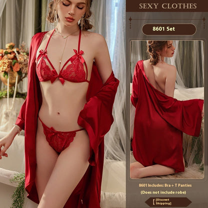 Seductive Lace-up Bra Three-point Pajamas For Women
