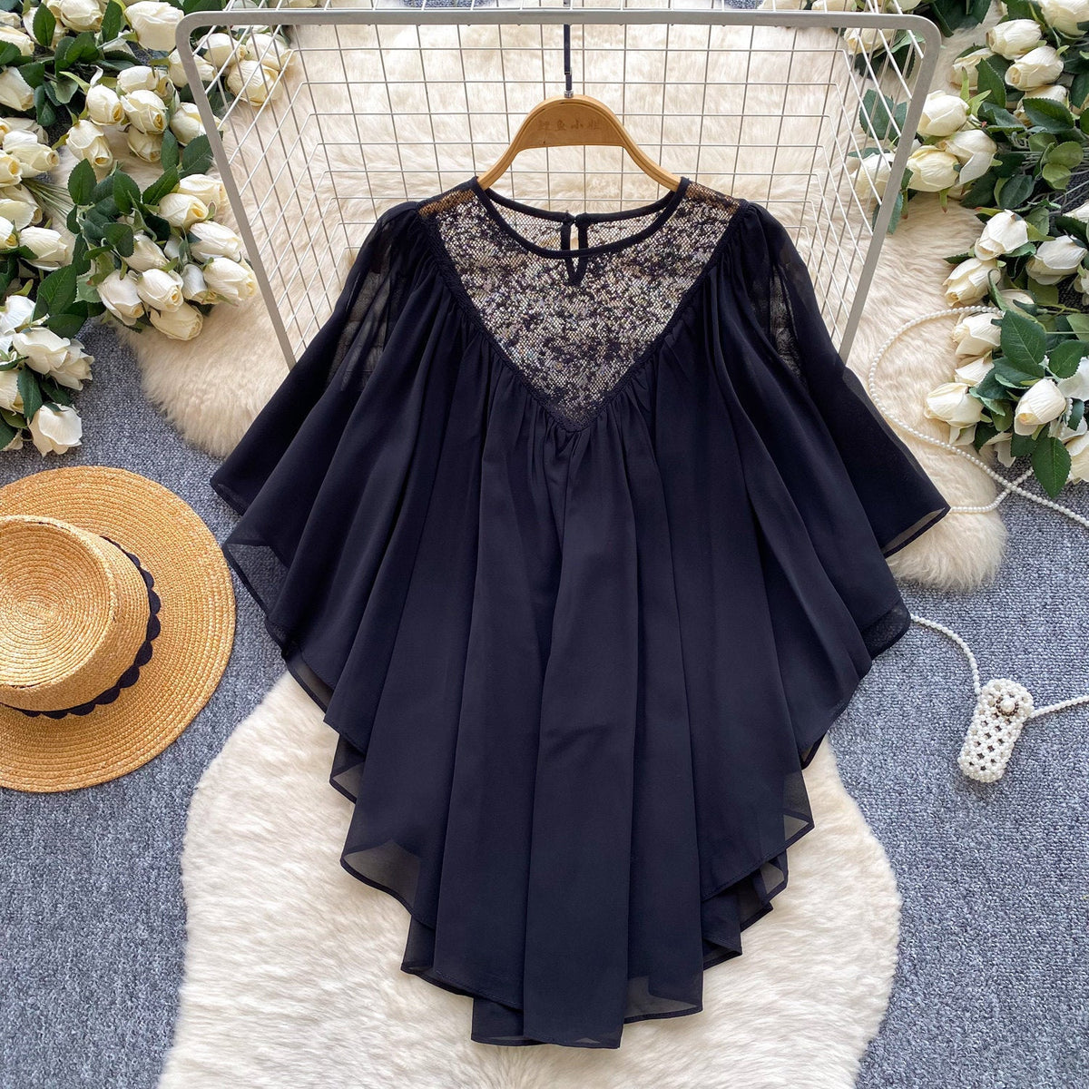 Women's Solid Color French Gentle Lace Chiffon Patchwork Shirt