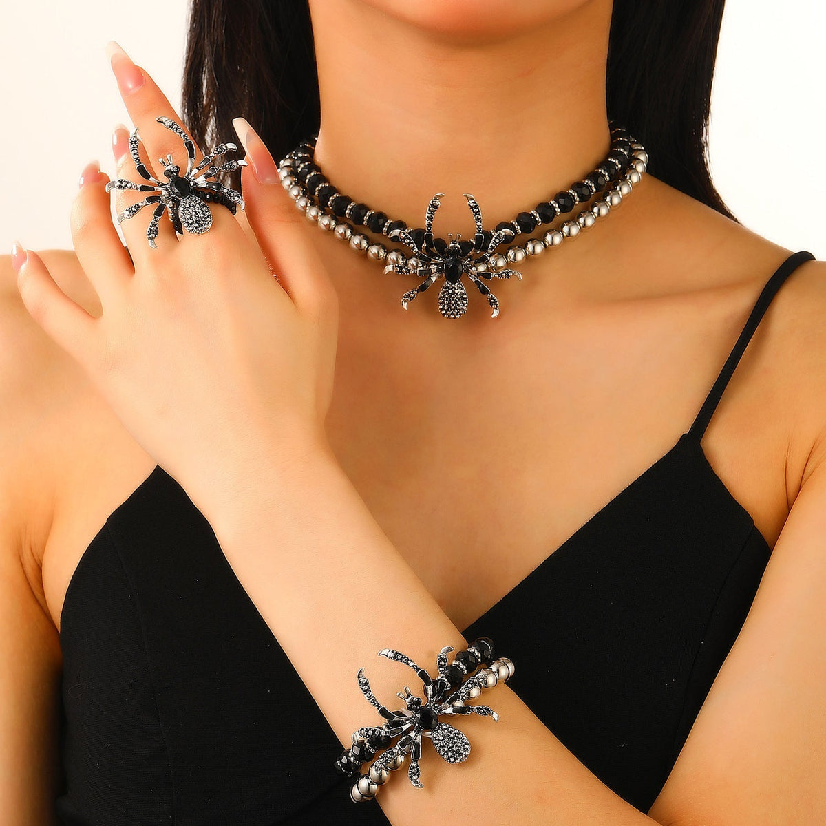 Dramatic Halloween Rhinestone Spider Necklace Bracelet And Ring Set