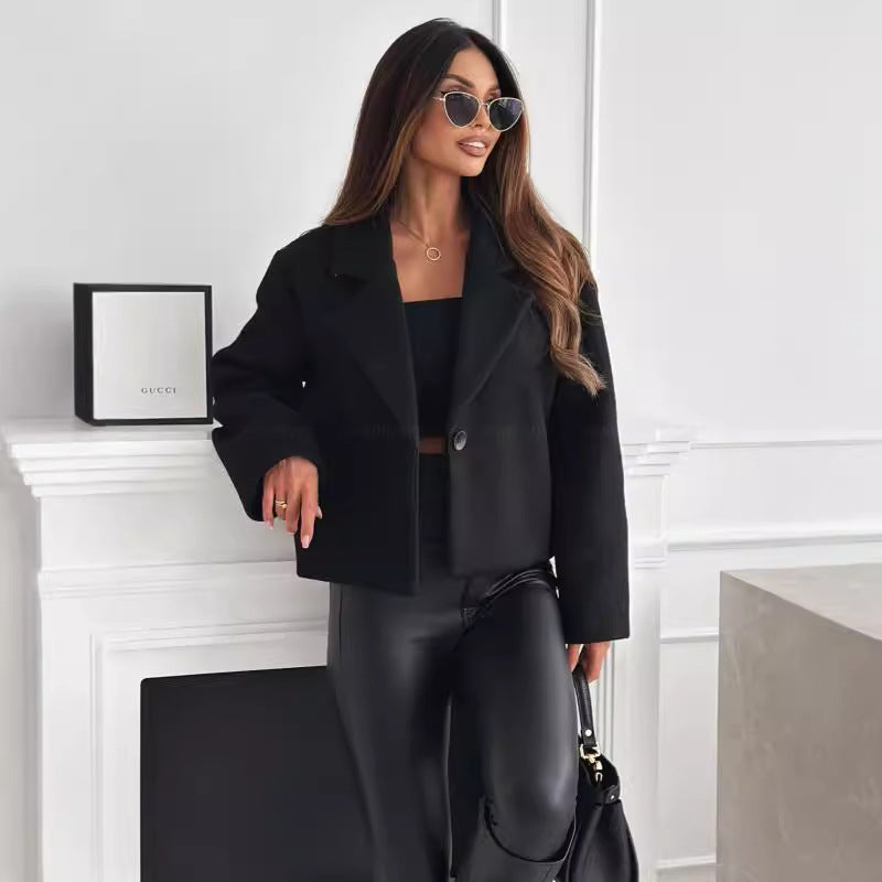 Fall Winter Fashion Suit Collar Solid Color Wool Small Coat Women's Clothing