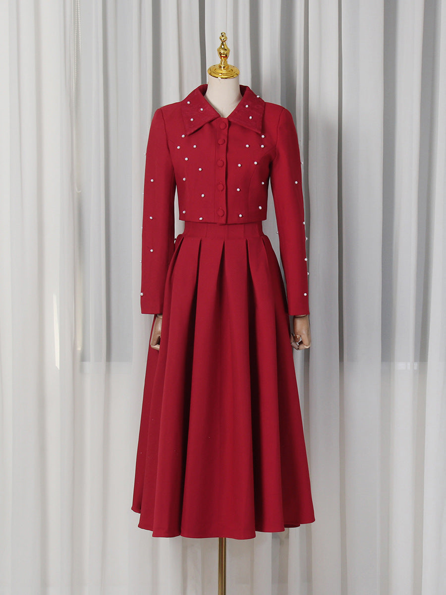 Elegant Figure-flattering Short Beaded Top Paired With A High-waisted Skirt Two-piece Set