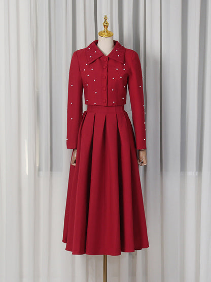 Elegant Figure-flattering Short Beaded Top Paired With A High-waisted Skirt Two-piece Set