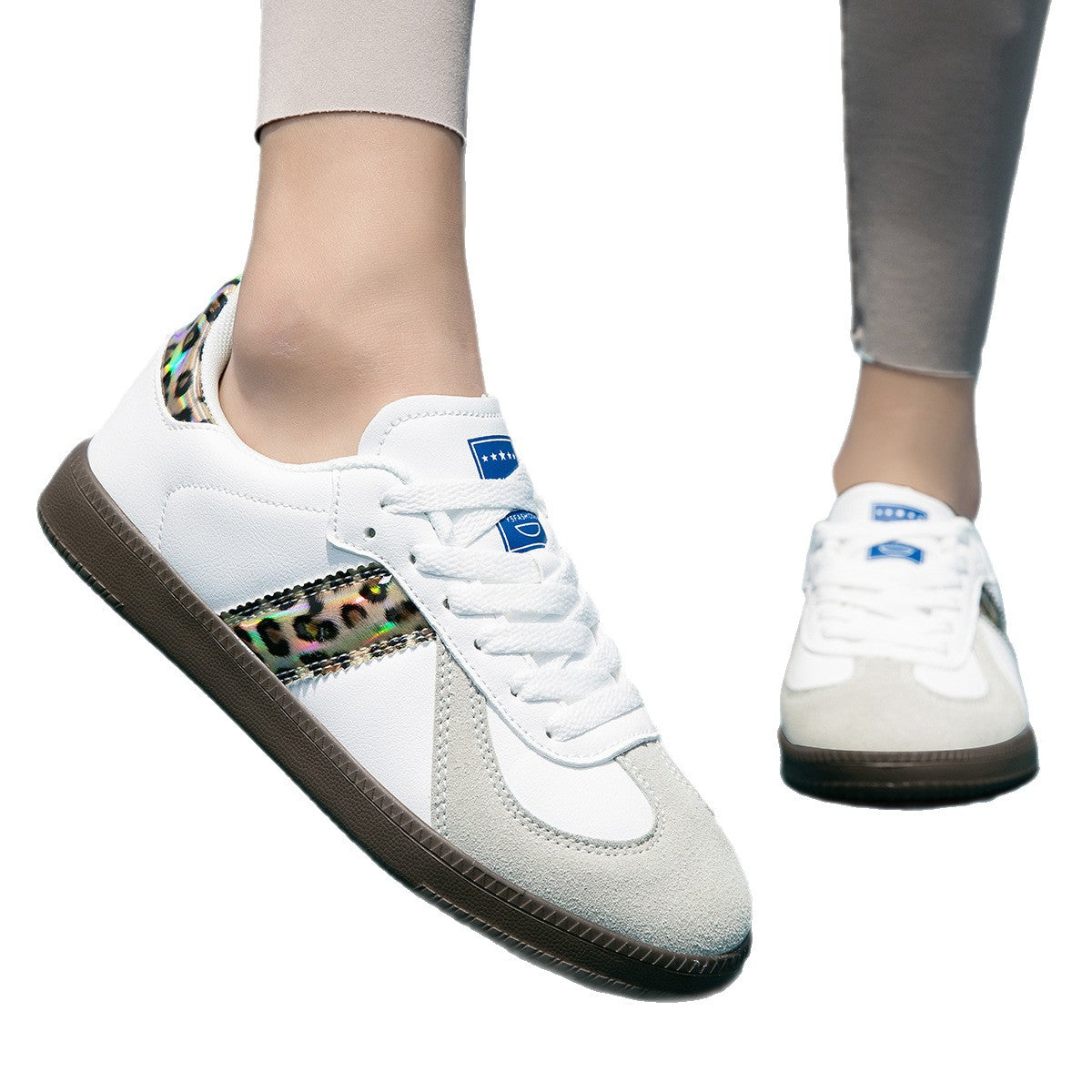 Womens Style White Lace Up Casual Sneakers With A Leopard Print Flat Sole