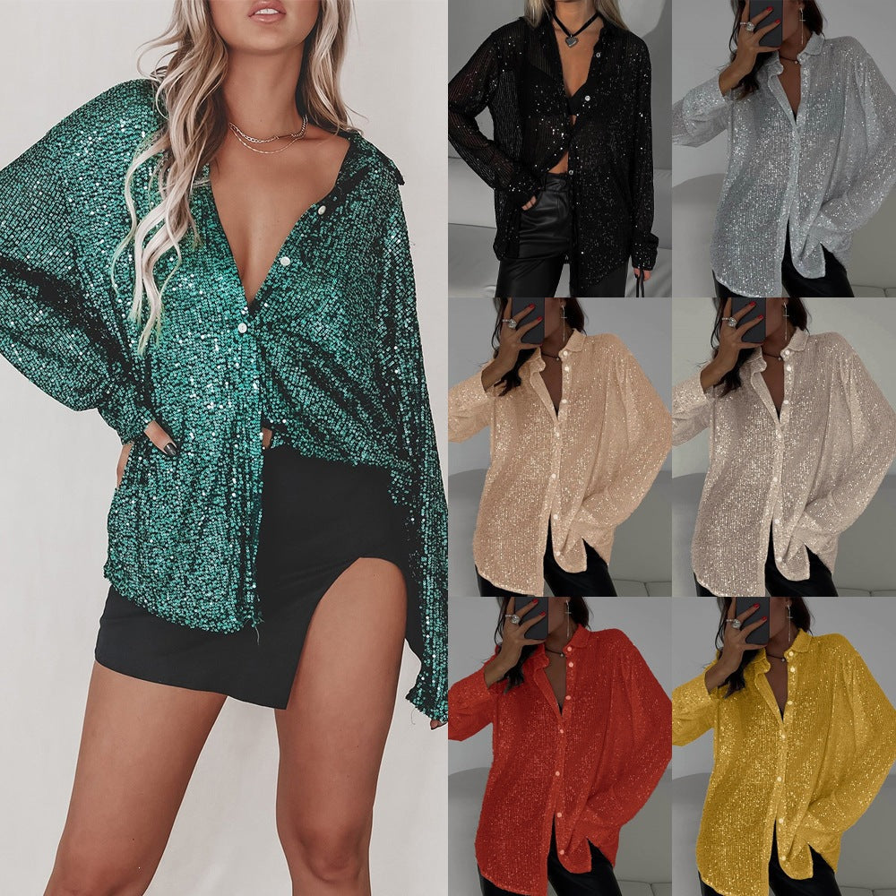 Spring Summer New European And American Sequin Top With Turn-down Collar, Long Sleeve Cardigan, Basic Cross-border Women's Shirt Jacket