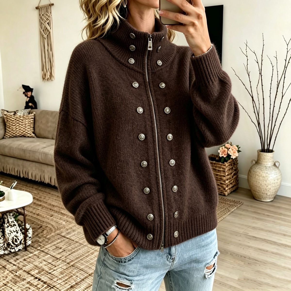 Women's Sweater Coat With Metal Buttons And Double Zippers