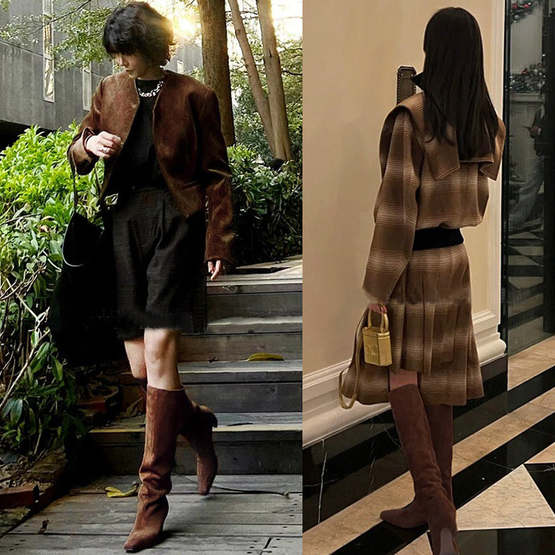 French Minimalist-style Square-toe Kitten-heel Over-the-knee Straight-leg Leather Booties