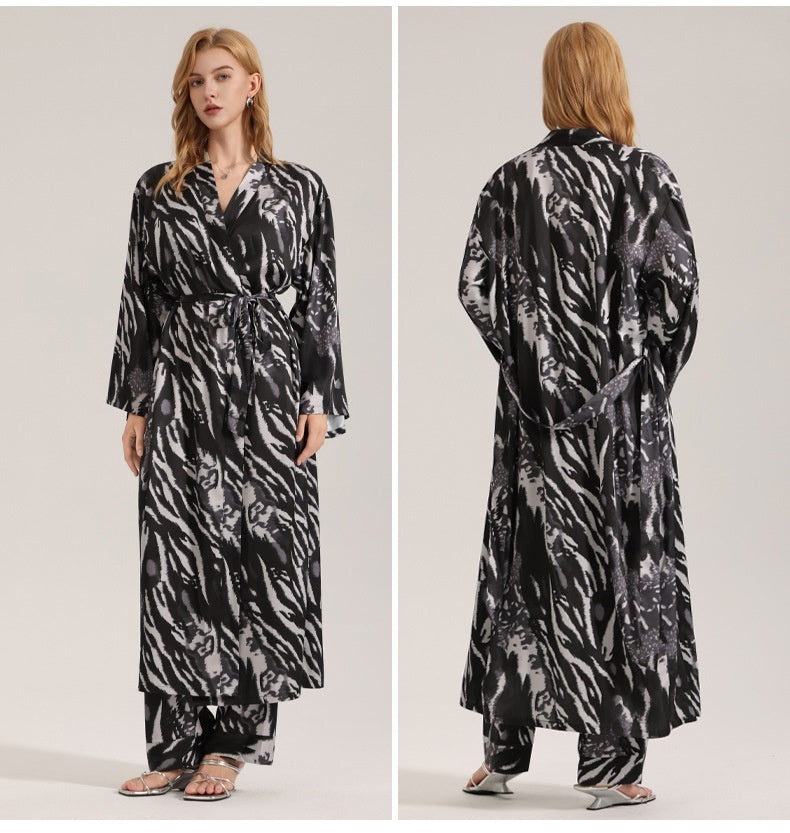 Leopard Print Satin Pajamas For Women Single Robe Style Nightgown Loungewear