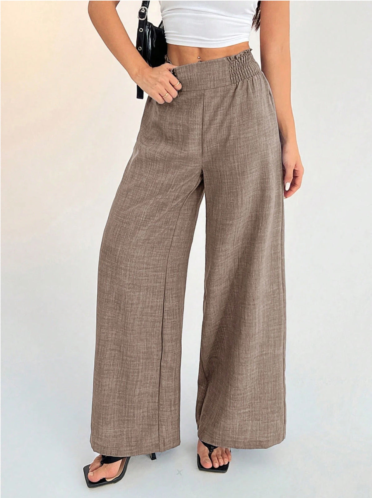 Women's Solid Color Smocked Elastic Wide Leg Pants, Casual Fashion Loose Long Trousers