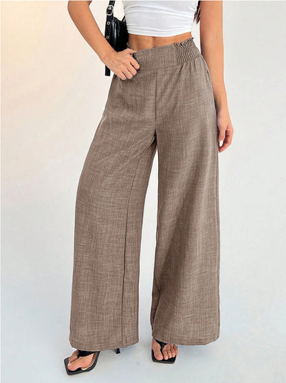 Women's Solid Color Smocked Elastic Wide Leg Pants, Casual Fashion Loose Long Trousers